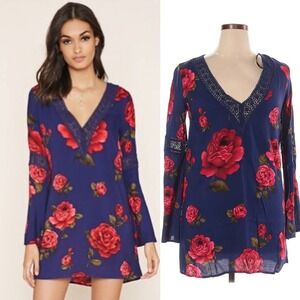 Forever 21 Floral Print Long Sleeve Shift Dress Blue Red with Lace Size Small
